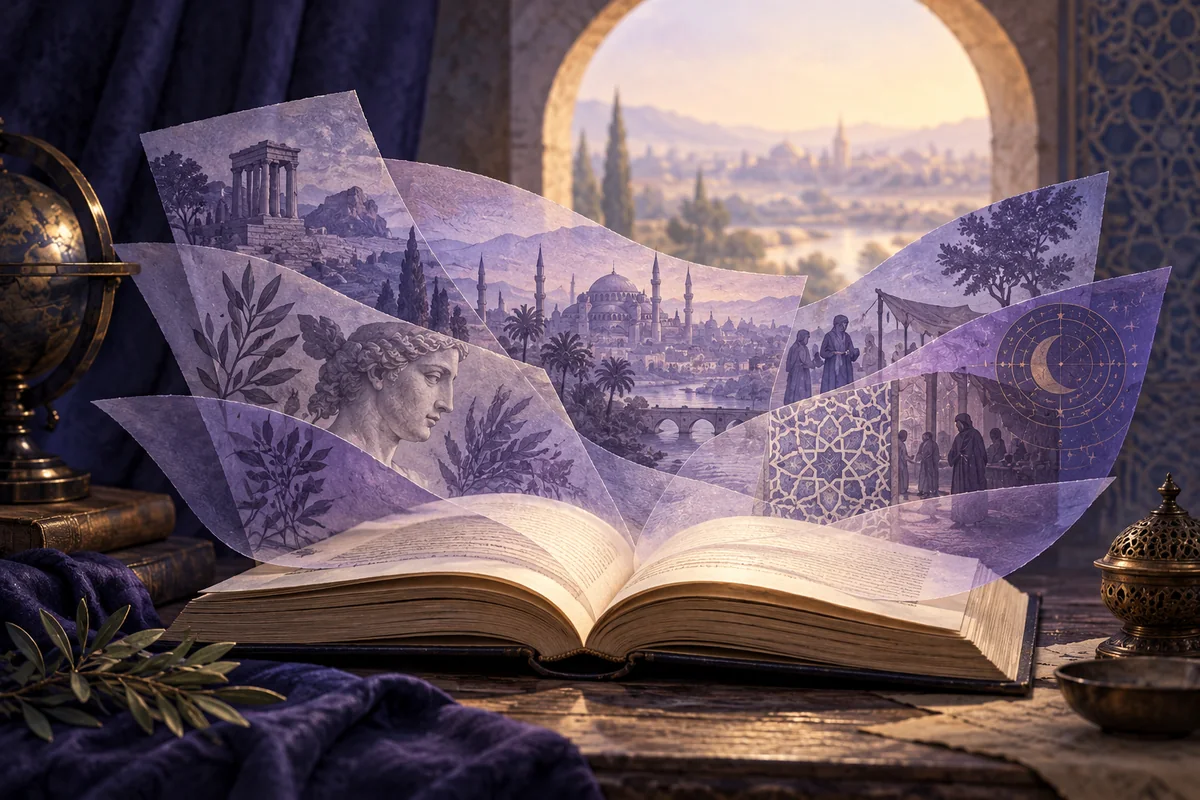 Раскрытая книга и полупрозрачные слои как образ культурного контекста